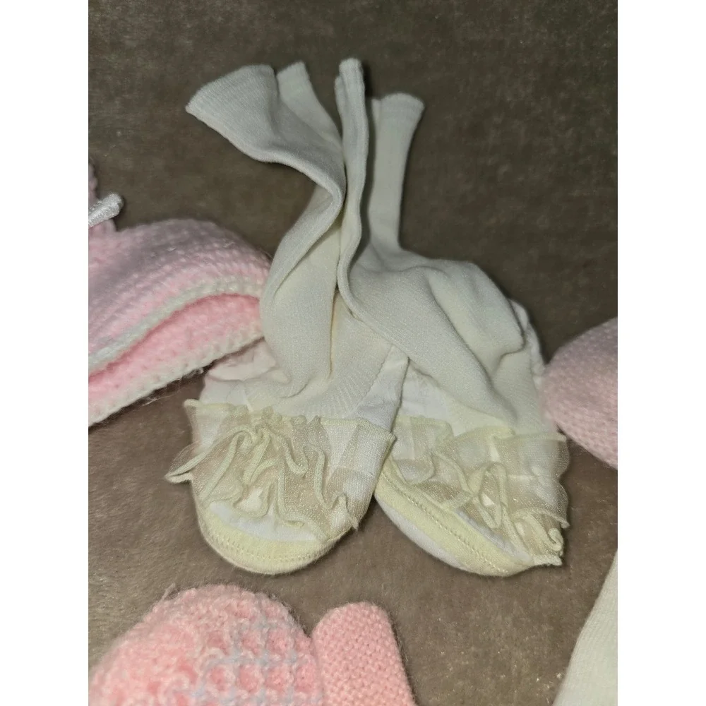 Vintage Baby Booties Mittens Socks Set, Knit Lace Ruffle 7 pairs